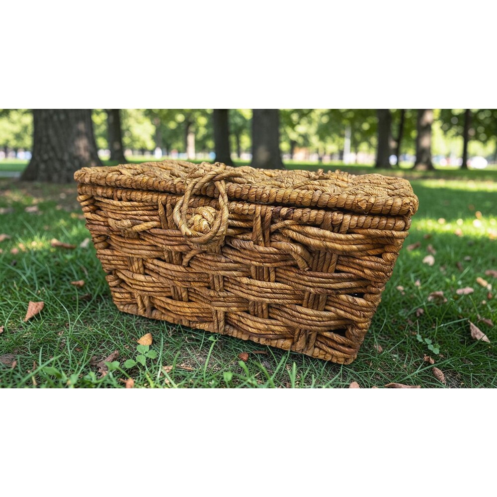 Handwoven Seagrass Storage Basket Hinged Lid Loop Closure Rustic Trunk Chest